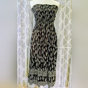 Joolay Black Strapless Leaf Print Smocked Midi Dress Size L